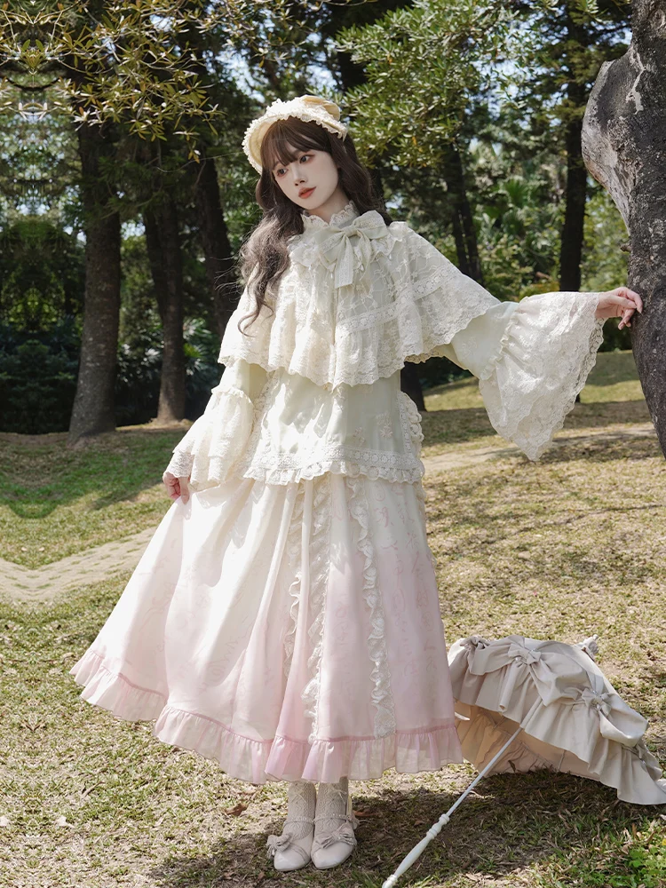 Chinese Lente Herfst Mode Veelzijdige Losse Zoete Lolita Rok Schattig Meisje Hoge Taille A-lijn Geleidelijke Verandering Roze Romantische Rokken