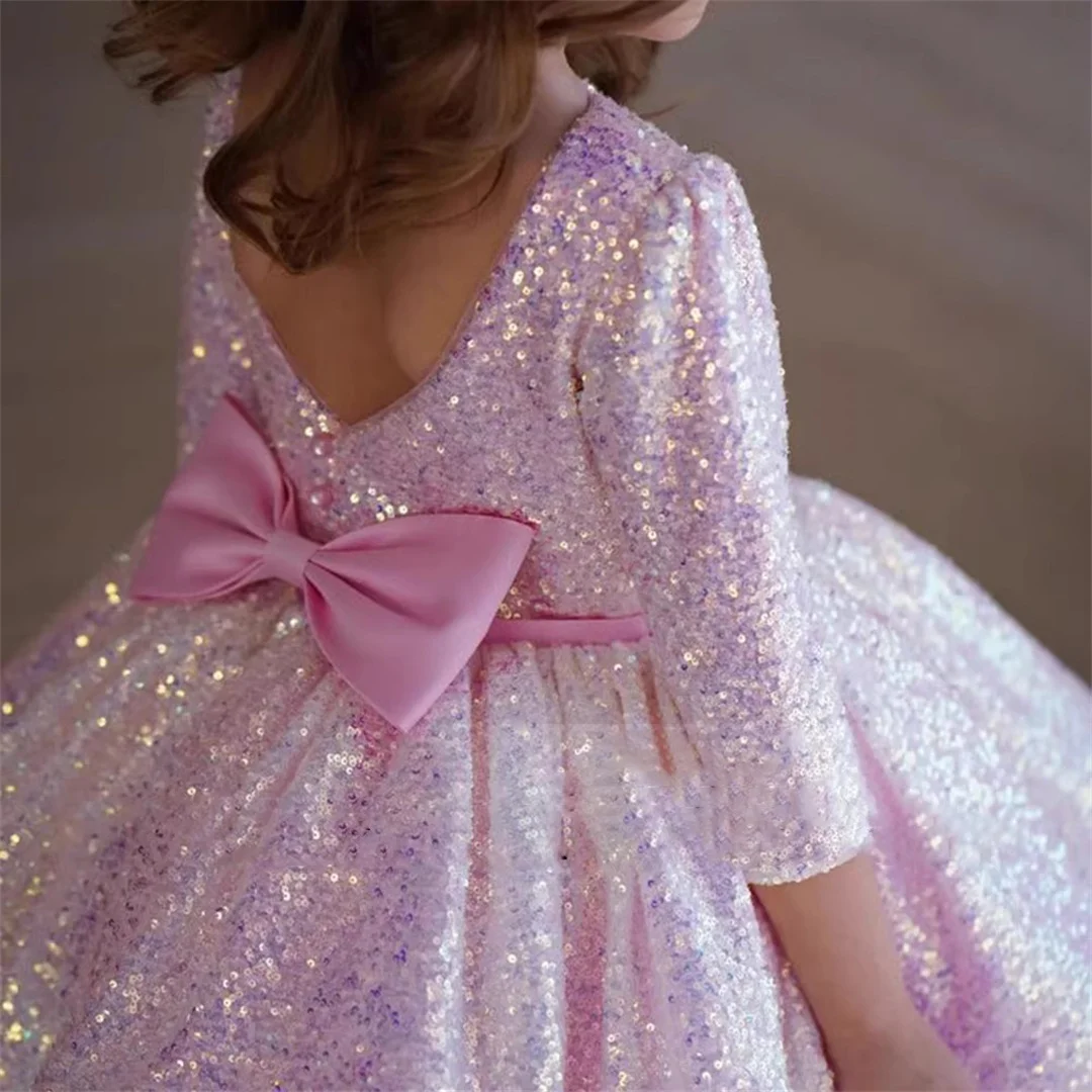 Vestidos de princesa na altura do joelho para meninas, vestido com glitter, rosa, flor, vestido bonito do bebê, festa de aniversário