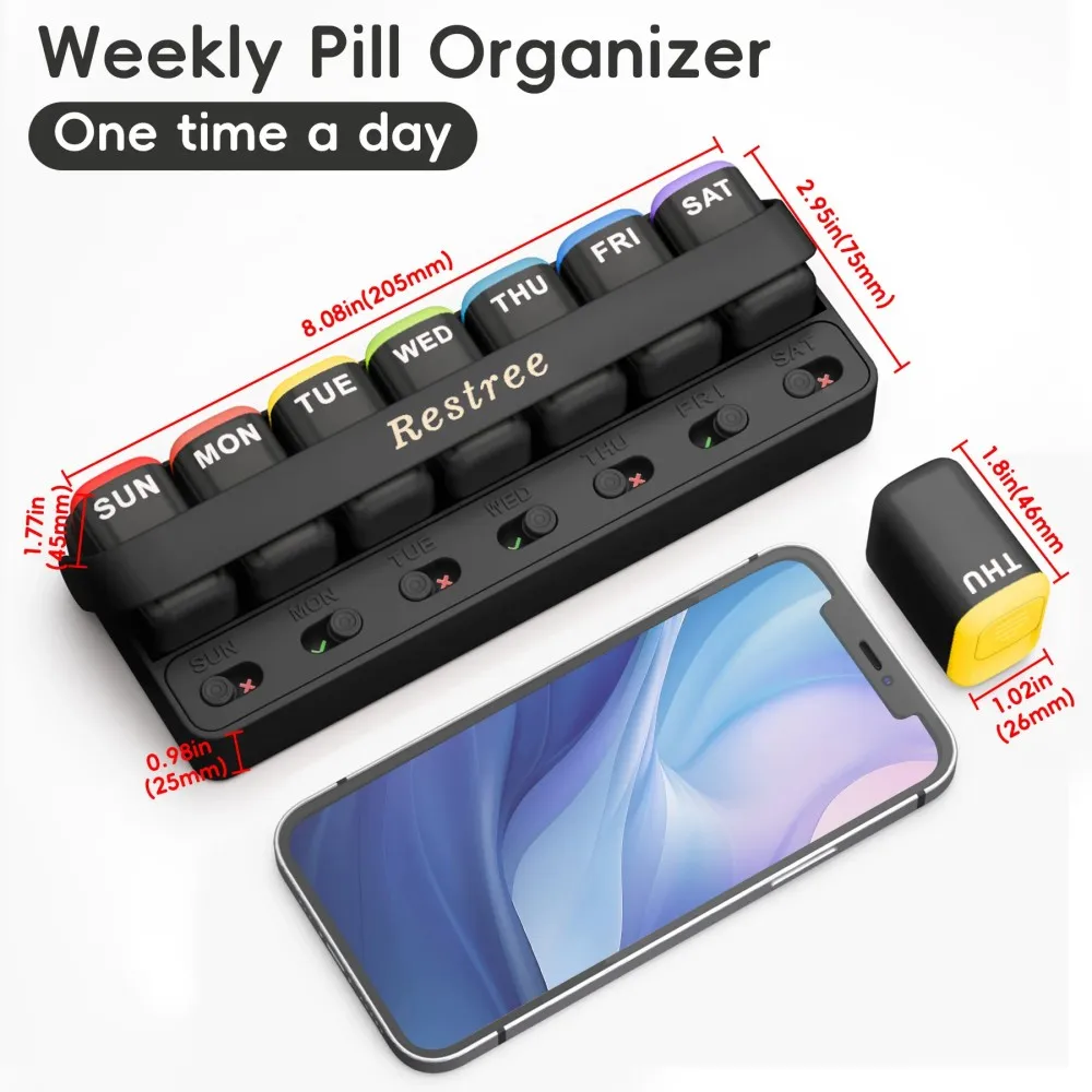 AiQUE Premium Pill Box Weekly 7 Days Colorful Design Stackable 3/4 Times a Day Medicine Storage Case Dispenser Plastic Slots