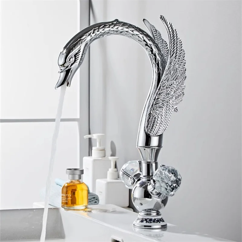 

Chrome Brass Basin Mixer,Swan Shape Sink Faucet,Hot & Cold Washbasin Tap,Double Crystal Handle,Rotating,Deck Mounted,Gold Luxury