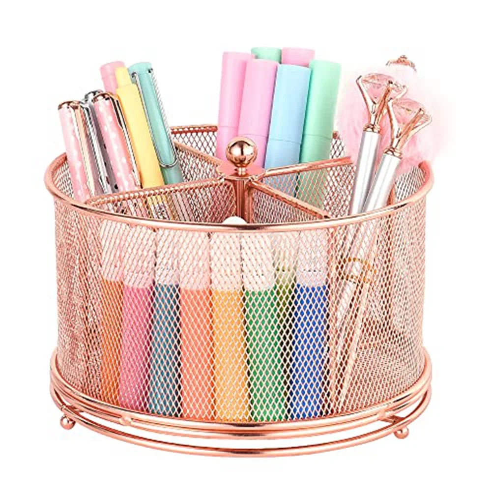 

360 Degree Rotating Pen Holder Manager, Art Supplies Storage Manager (with 4 Compartments)(Rose Gold)