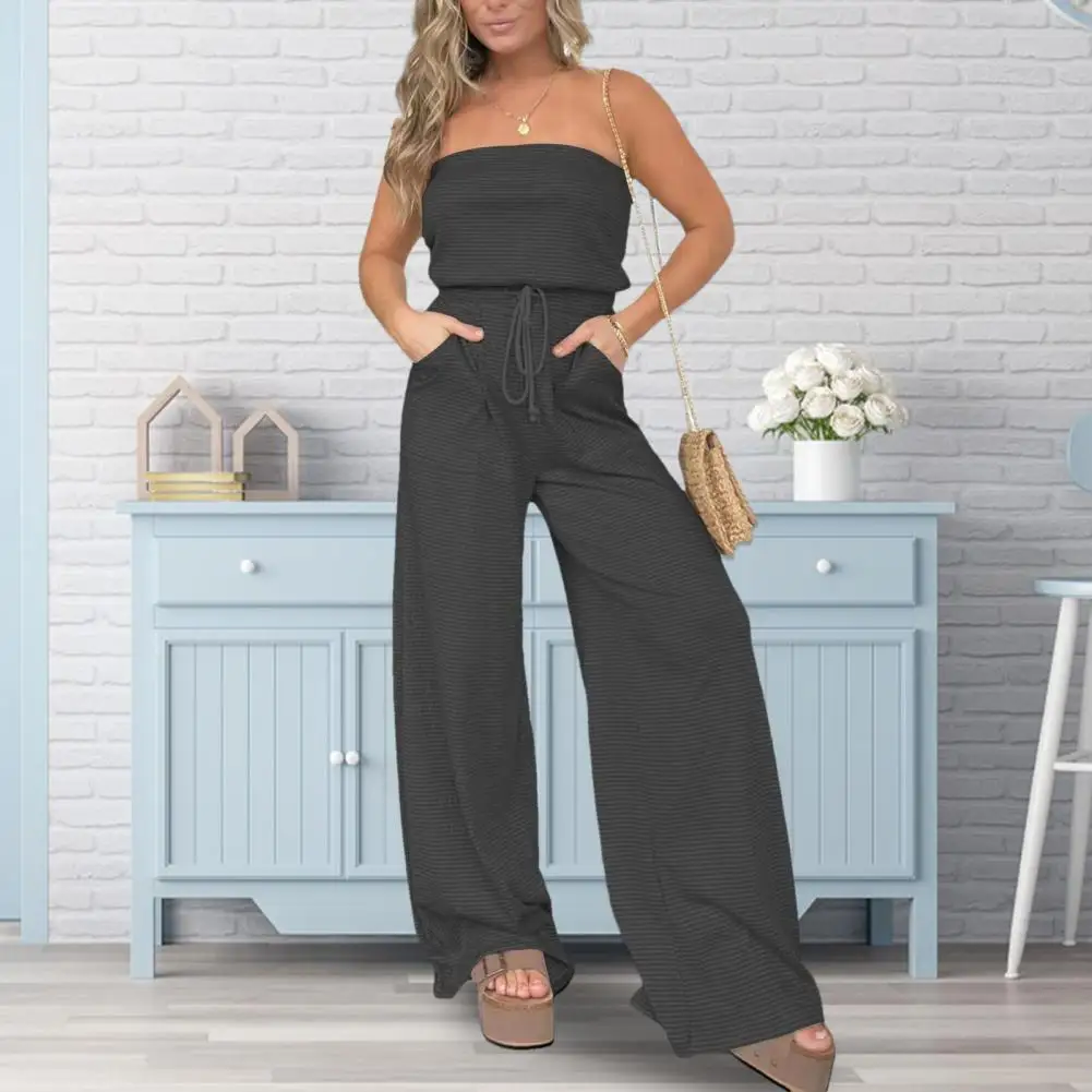 Tube Top Jumpsuit Striped Print Off Shoulder Jumpsuit with Side Pockets for Women Vacation Beach Wear with Wide Leg Drawstring