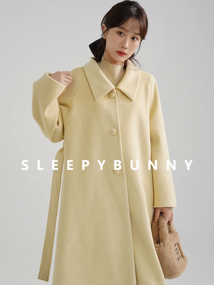 

Elegant Vintage Woolen Coat Women Raglan Sleeve Lapel Overcoat Slim Mid Length Warm Winter Jacket Korean Chic Casual Outerwear