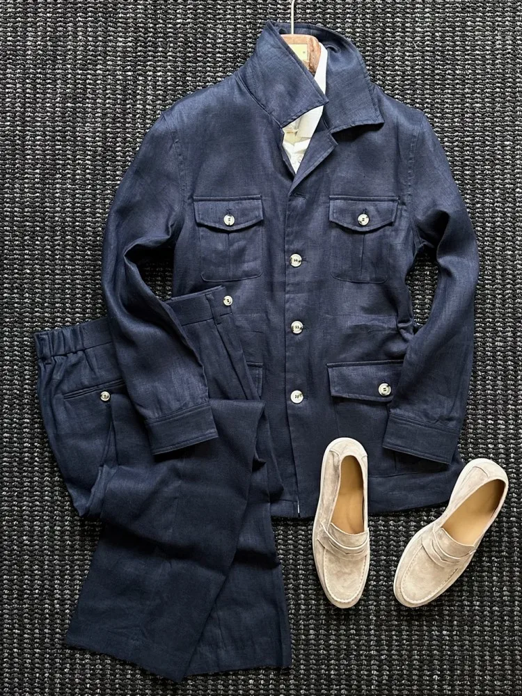 High Quality Mens Business Work 100% Linen Suit Set Single Breasted Multi Pockets Blazer Coat Pants Two Piece Set Slim Fit Suits