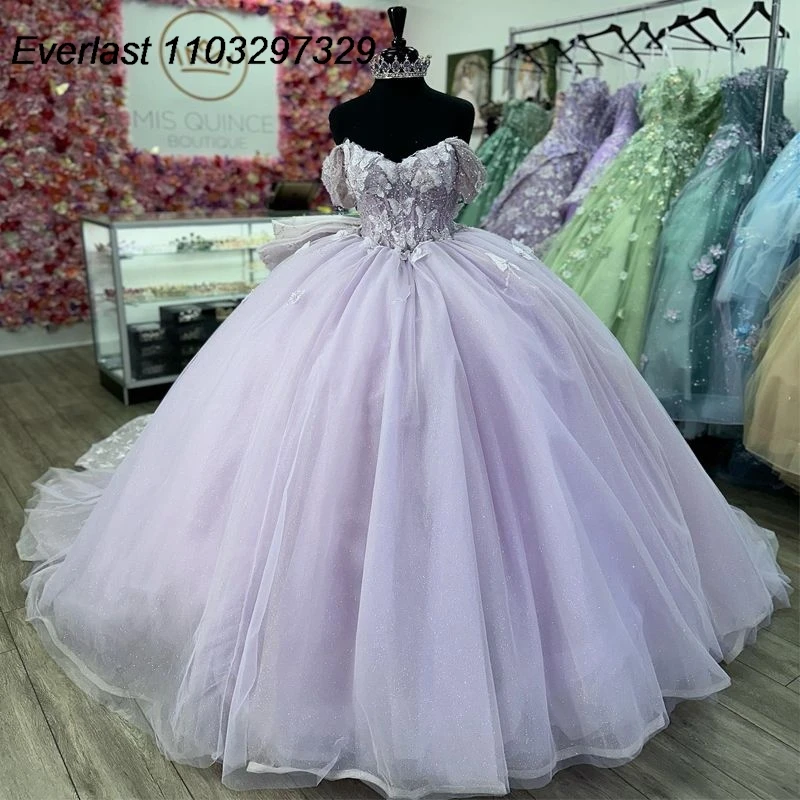 

EVLAST Glitter Lavender Quinceanera Dress Ball Gown Butterfly Applique Beading Bow Corset Sweet 16 Vestidos De XV 15 Anos TQD703