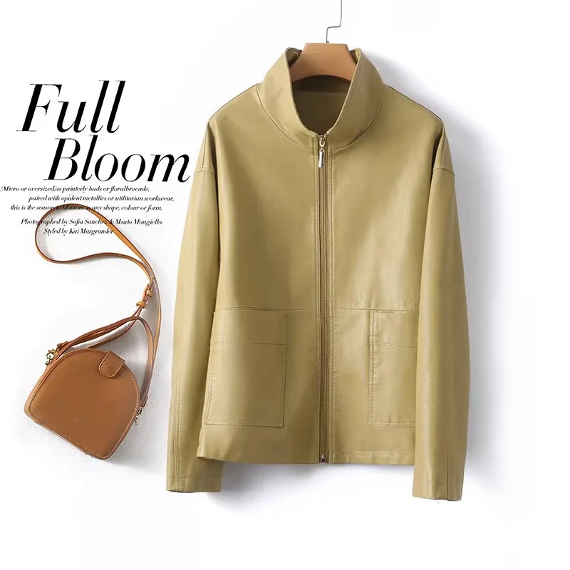 New Women Simplicity Split Leather Jacket Spring Autumn Fashion Stand Collar Wide-waisted Loose Leather Jacket Casual Short Coat