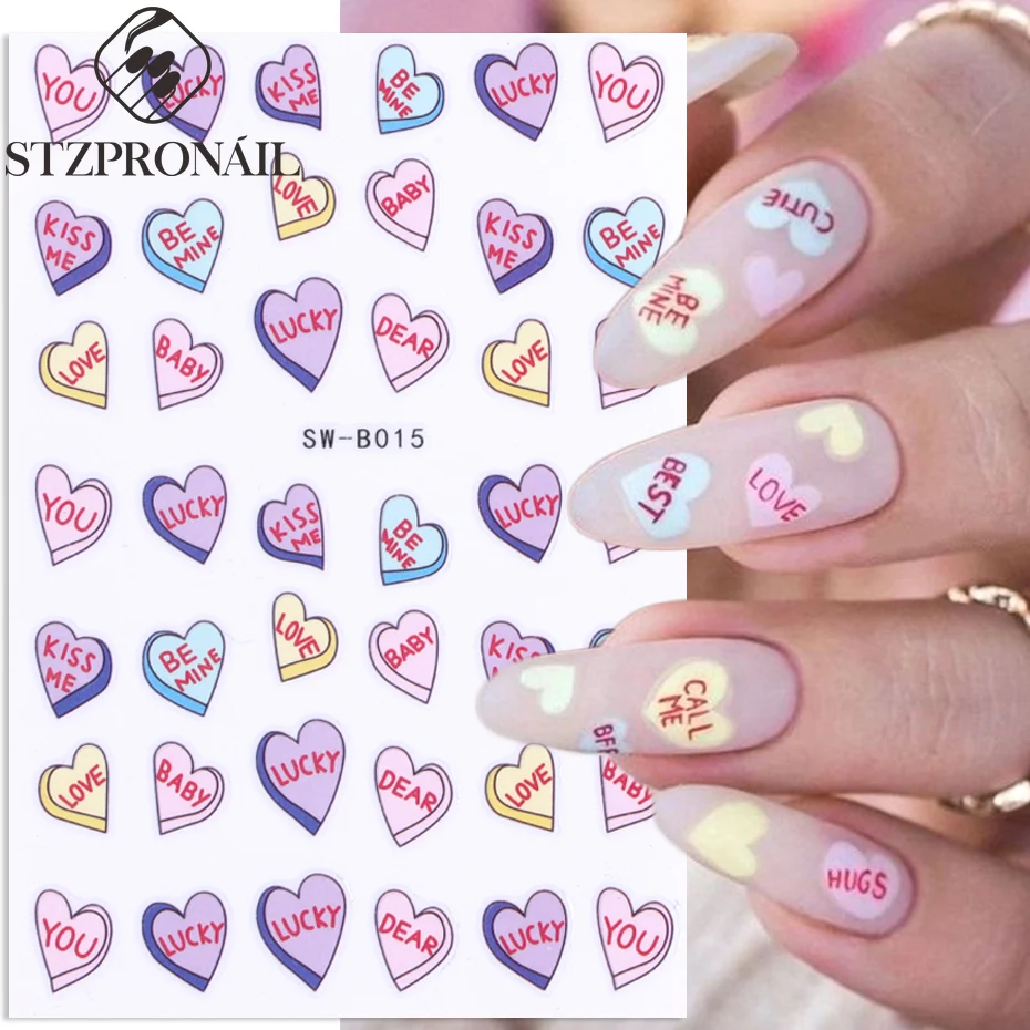 3D Sweet Love Heart Nail Stickers Cartoon Valentines Letter Colorful Glitter Sexy Lips DIY Romantic Adhesive Sliders Decoration