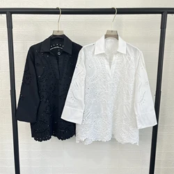 ZA2024 Autumn New Women's Fashion Style Commuting Leisure Loose, Simple and Versatile Hollow Embroidery V-neck Shirt