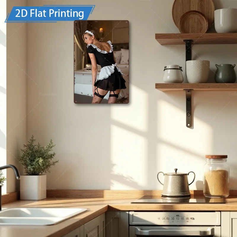 Targa in metallo da 1 pezzo, 4x16 pollici "Arte da parete con stampa piatta 2D in stile cameriera vintage per la decorazione domestica"