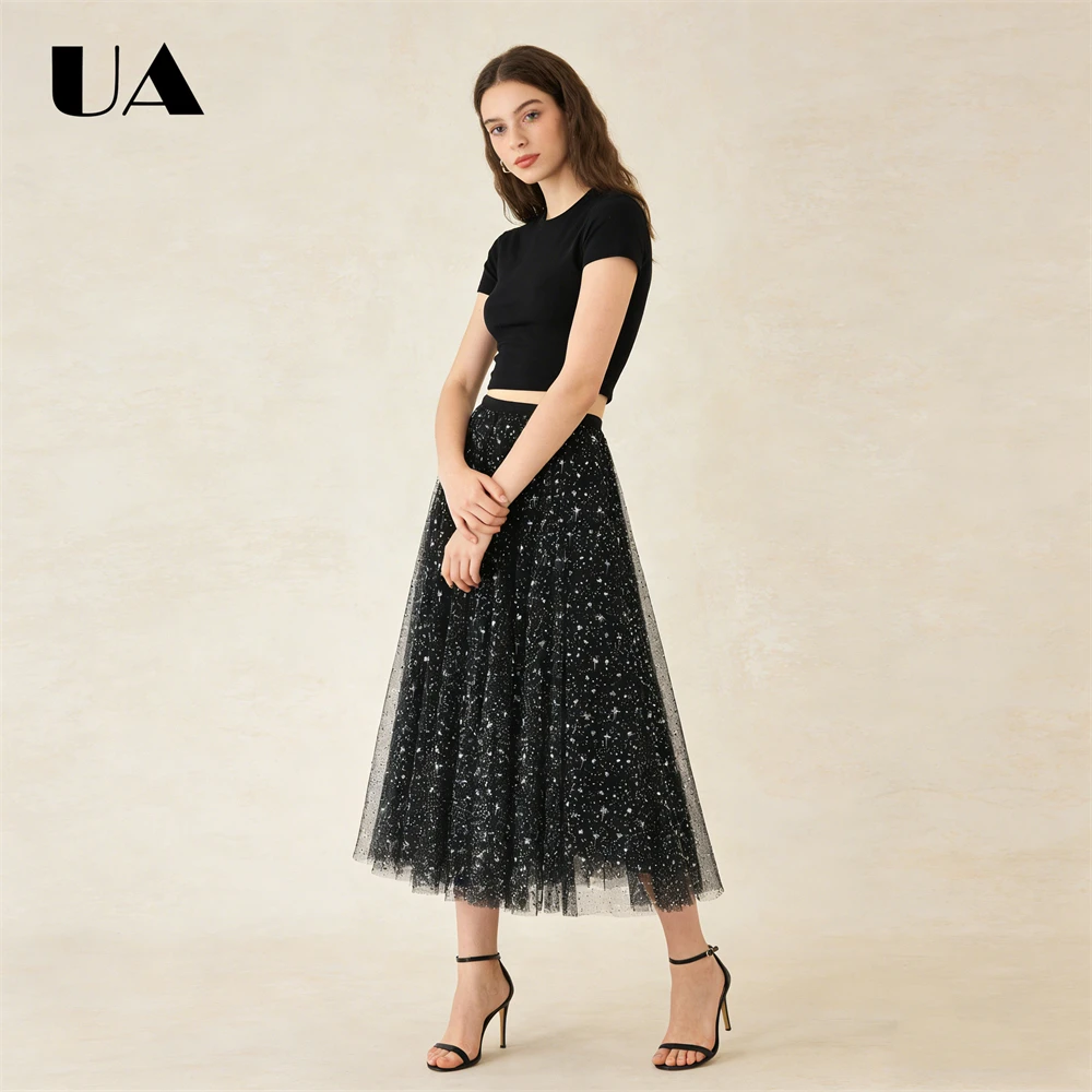 ULBYANRY Starry Sky Skirt Women's Autumn Winter A Line Skirts, Elastic Waist Puffy Skirts Sparkling Mesh Skirts