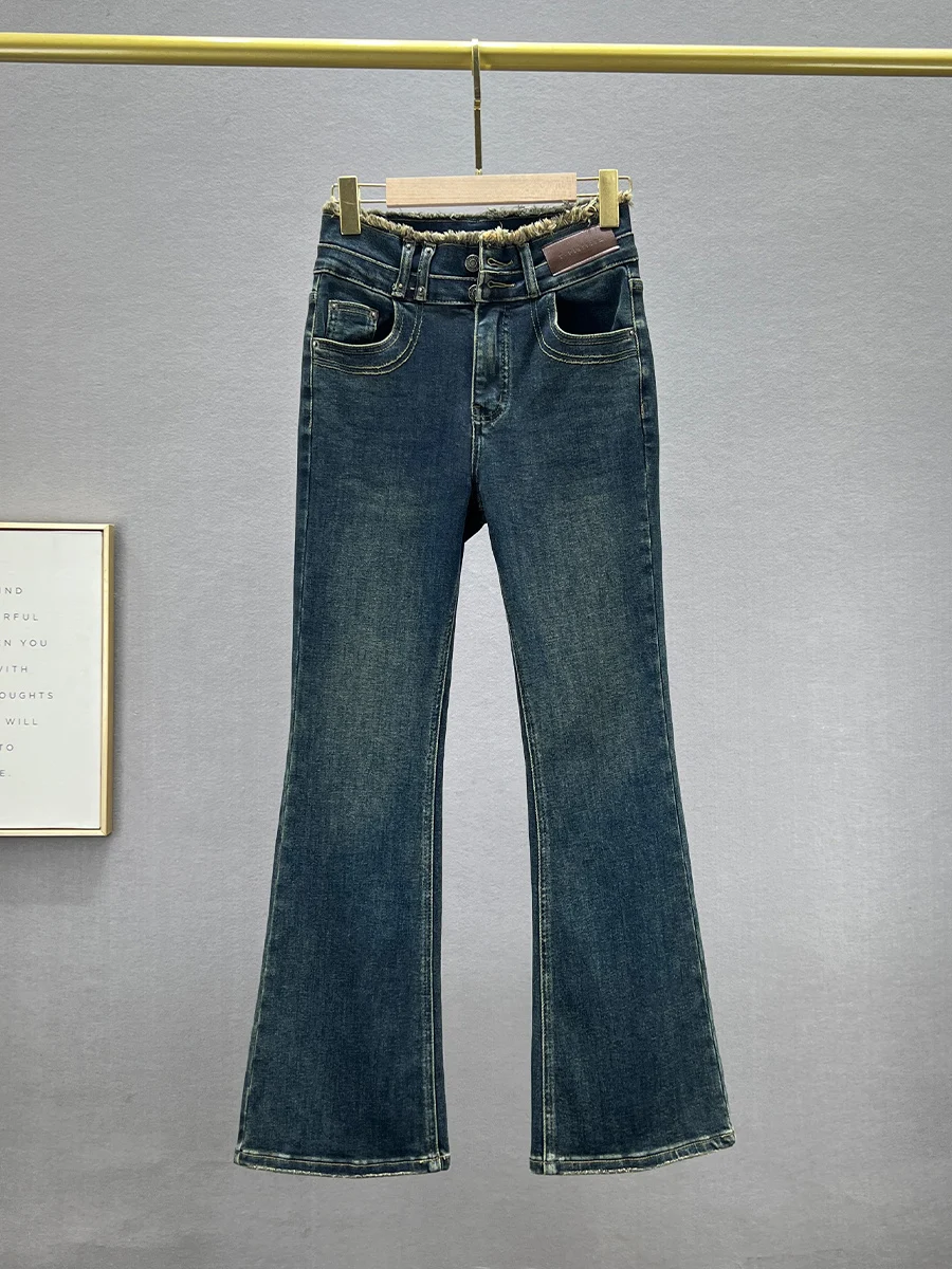 

Женские модные джинсы-клеш с высокой талией из хлопкового стрейч-денима, осенняя новинка 2024 года, с эффектом похудения и рваным краем