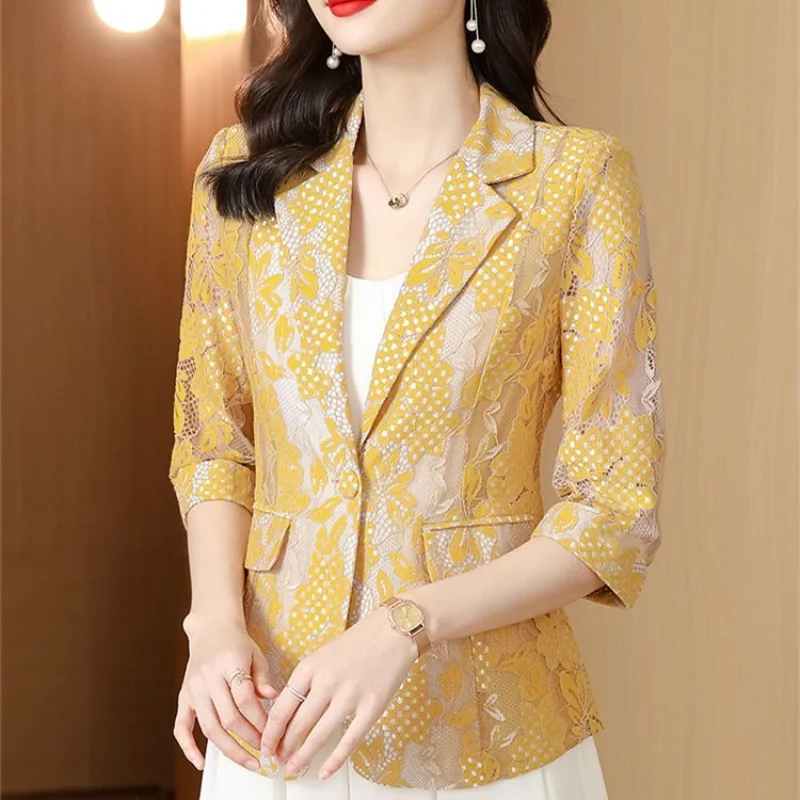 2023 New Spring and Summer Fashion Commuting Simple Temperament Lace Hollow Out Jacquard Casual Versatile Women\'s Suit Blazer