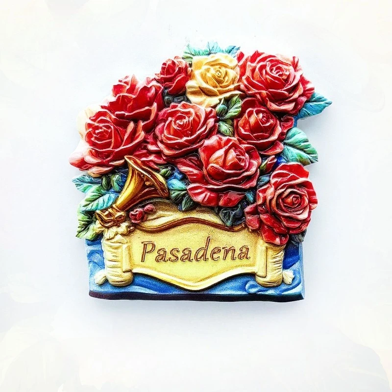 Pasadena Rose Fridge Magnet - Festive 3D Trumpet & Flower Souvenir Unique California Gift for Travel & Music Lovers Decor
