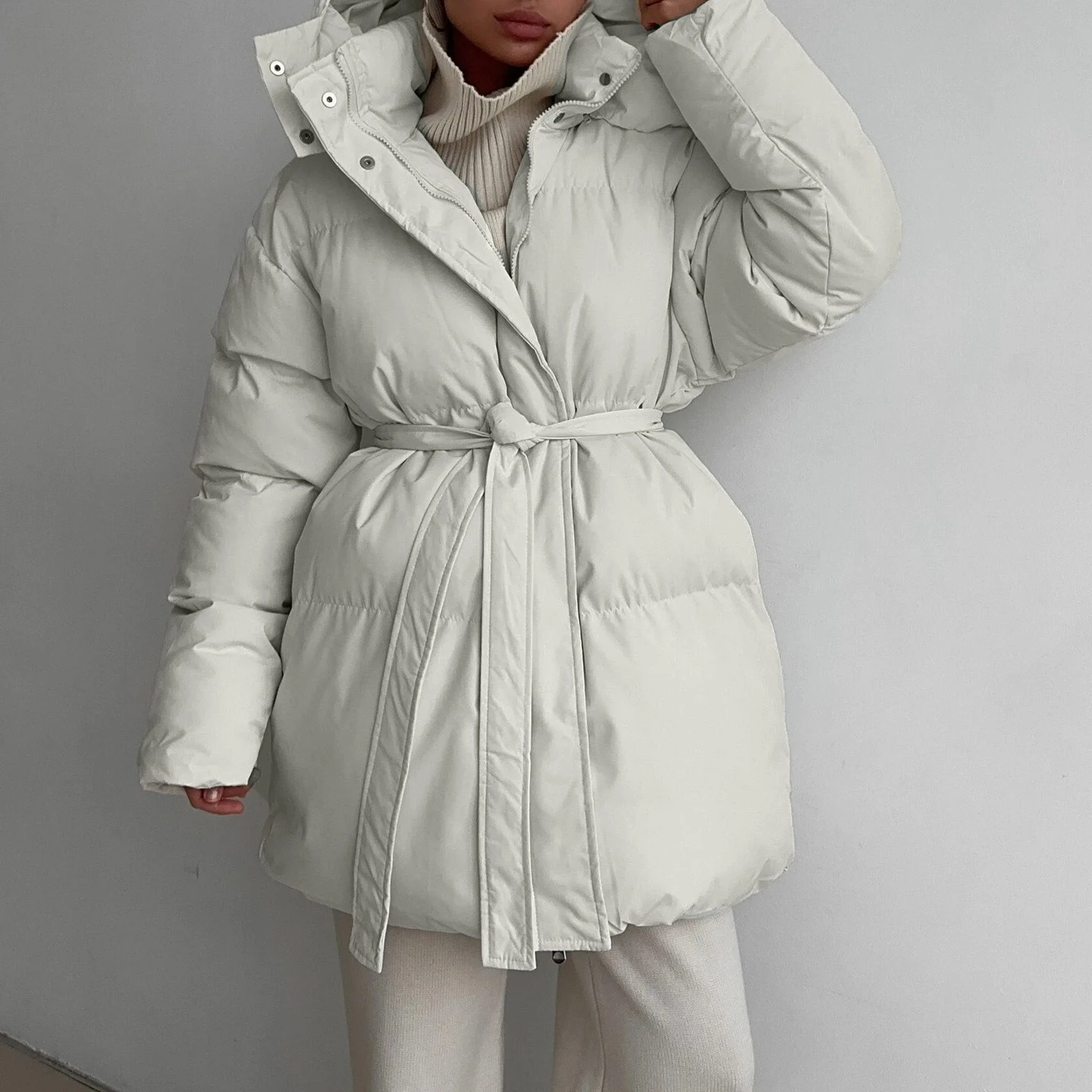 Parkas Women Mid Length Coats Hooded Zipper Jackets Full Sleeve Thick Warm Y2k Streetwear Jacket Coat Tight Waist Autumn Winter