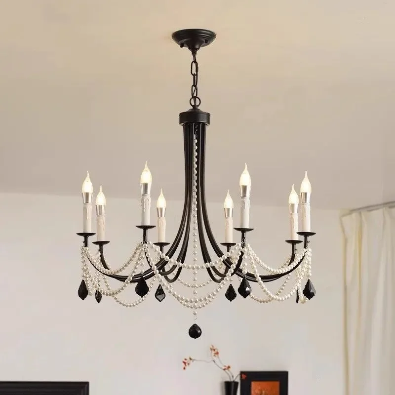 for French Retro Pearl Crystal Chandelier Black American Art Bedroom Light Cloakroom Medieval Dining Room Chandelier