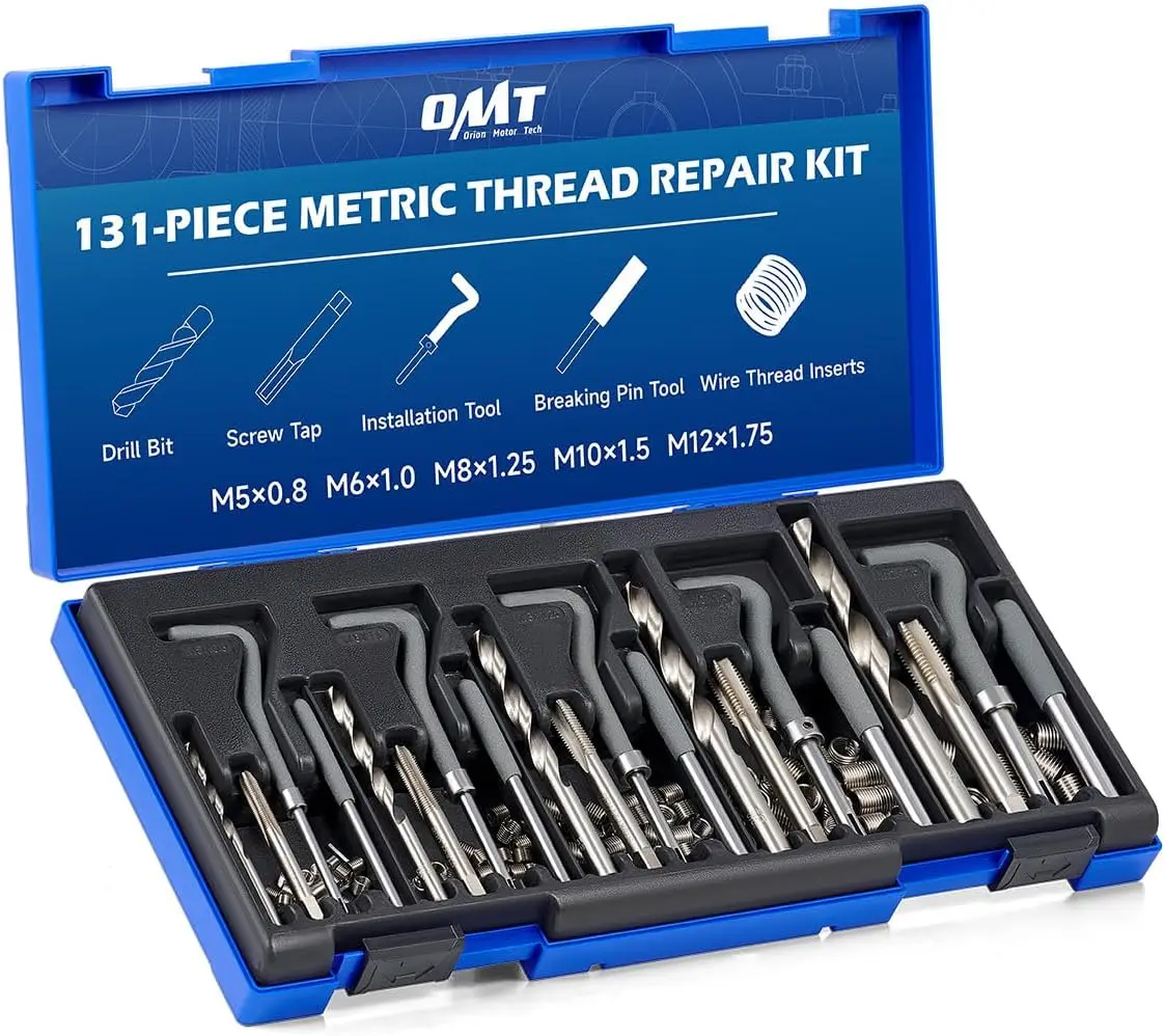 

Thread Repair Kit, Metric Helicoil with HSS Drill Bits, Taps & Installation Tools for M5-M12 Sizes