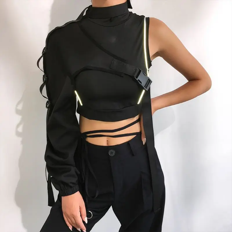 Women Sexy One Shoulder Reflective Crop Tops Choker Adjustable Buckle Long Sleeve Cover Up Irregular T-Shirt Rave Shrugs