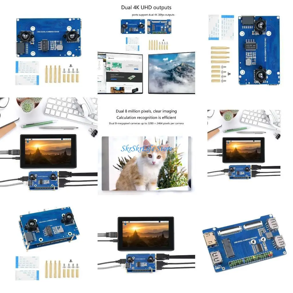 

E65E Binocular Camera Base Board for RPi Compute Module 4 Camera Expansion Board Double 8MP Camera 4K Gigabits Communication
