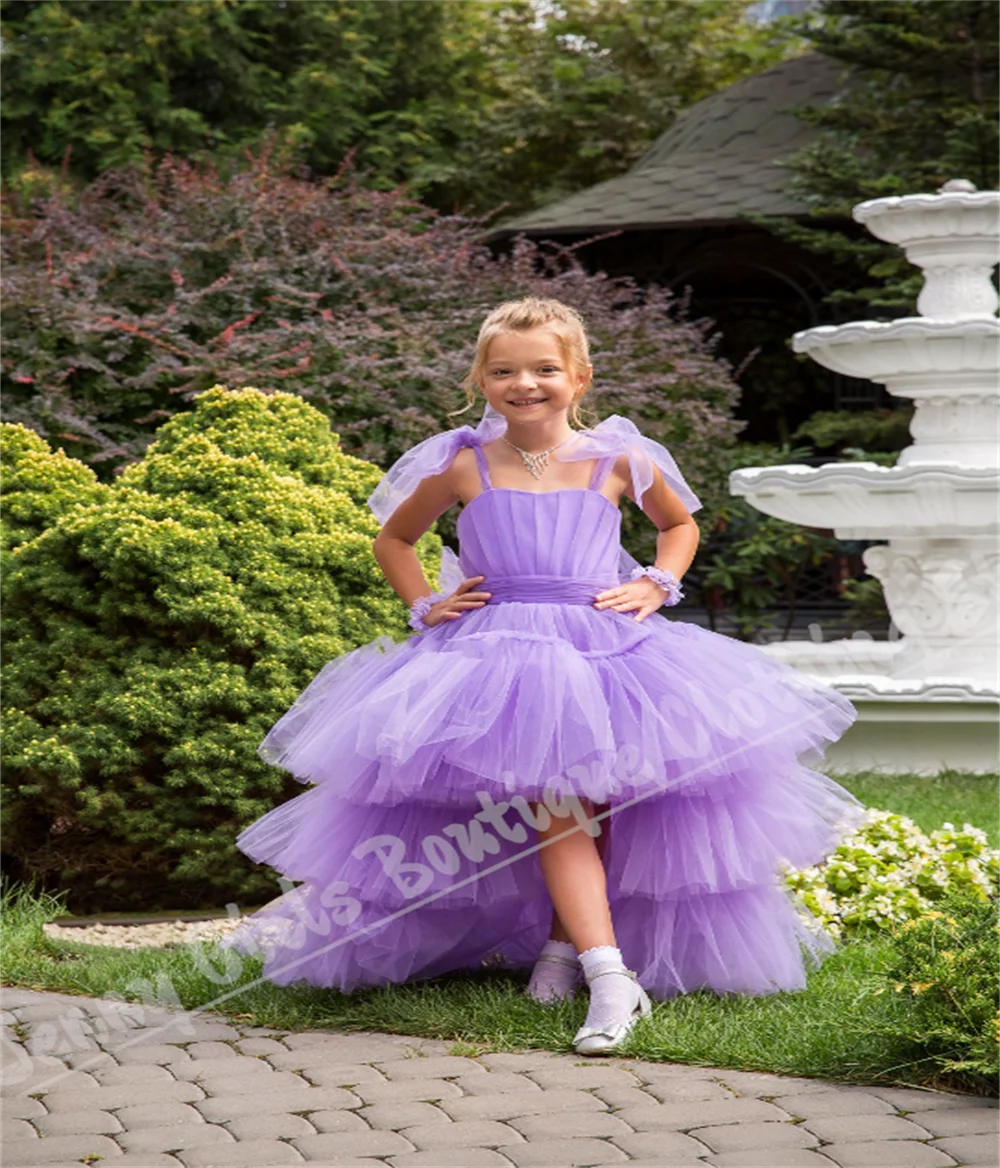 

Платье с цветочным узором для девочек на свадьбу с тонкими бретелями, асимметричная длина, тюлевой бант, костюм принцессы на день рождения, индивидуальный заказ