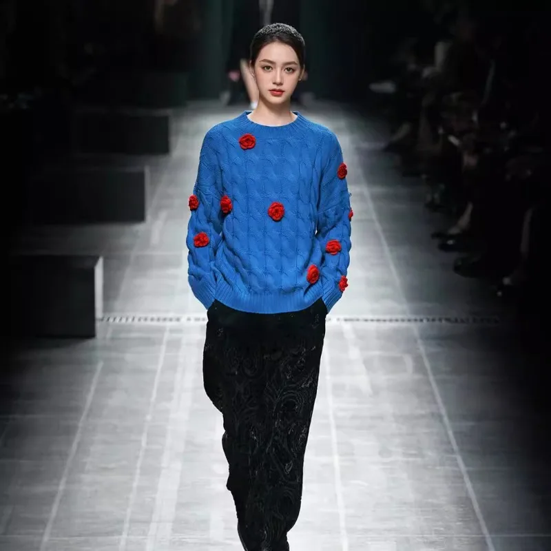 

Autumn Winter Vintage Rose-flower-embroidered Women's Sweater Blue Knitted Jumpers