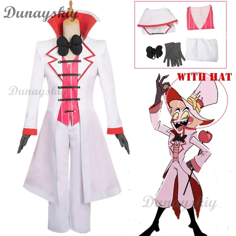 Hazbin Lucifer Cosplay Anime Hotel Morningstar Cosplay disfraz peluca papá traje blanco diablo infierno fiesta de Halloween disfraz de hombres adultos