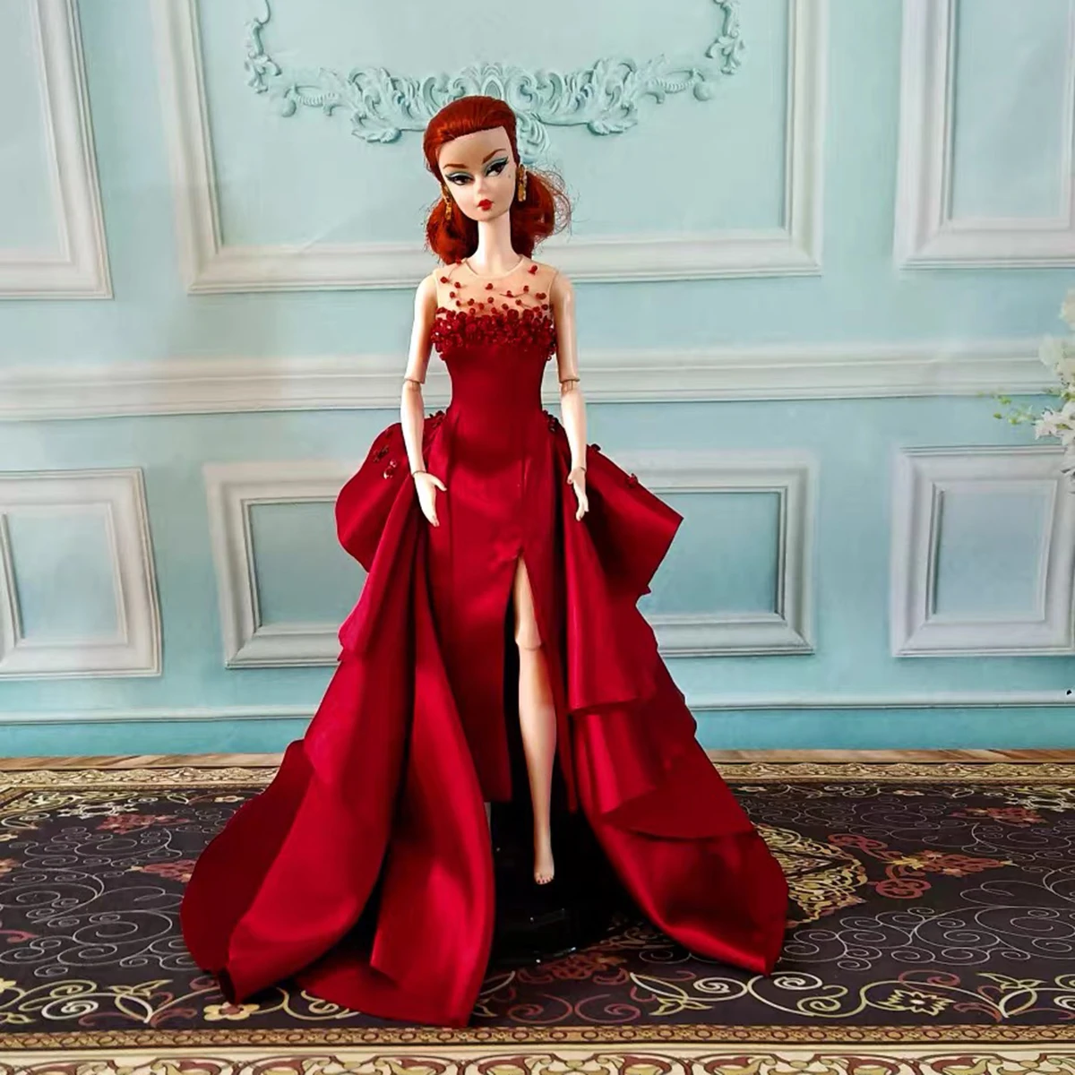 Vestido de cola de pez de satén con lentejuelas clásicas rojas de diseño único, vestido de noche de lujo para muñeca de supermodelo 1/6, accesorios de ropa para muñeca de 30cm