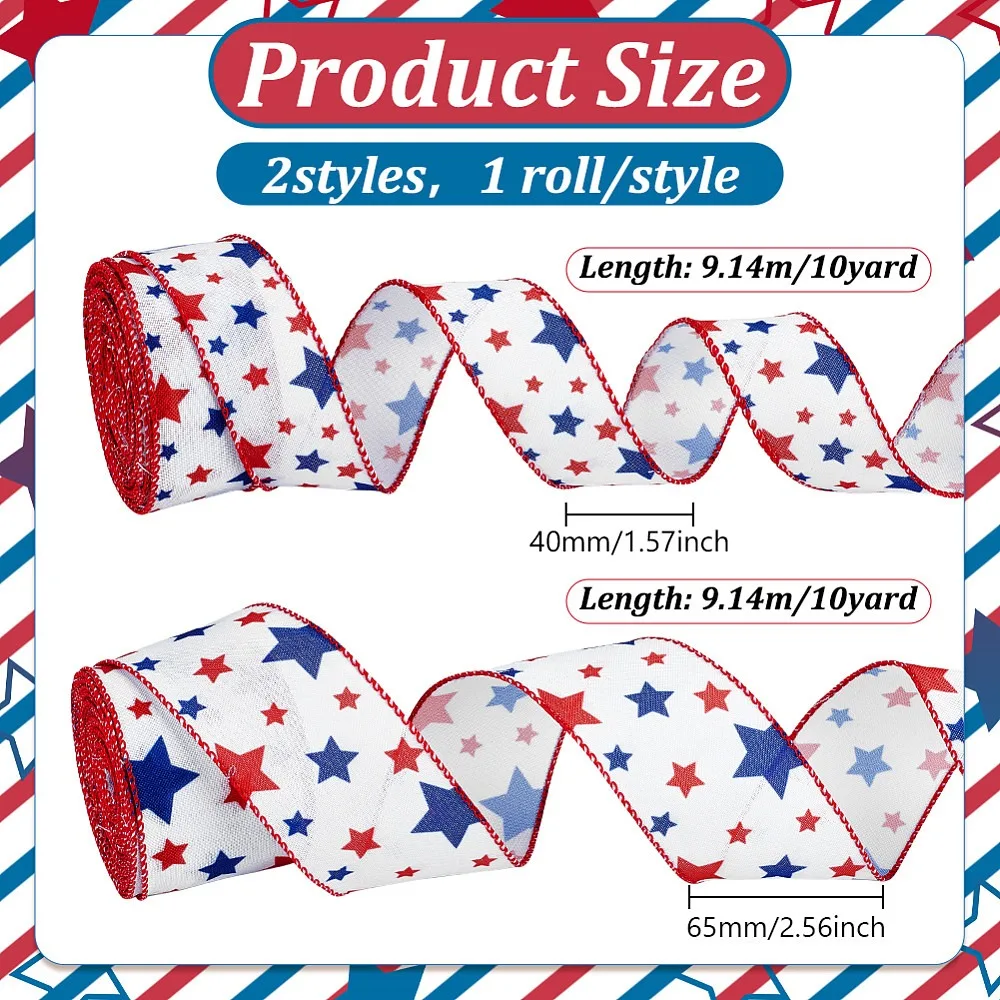 2 Rolls 2 Styles Polyester Ribbon Five-pointed Star on Pattern with Iron Wire for Sewing Accessories Colorful 1-5/8 inch(40mm)