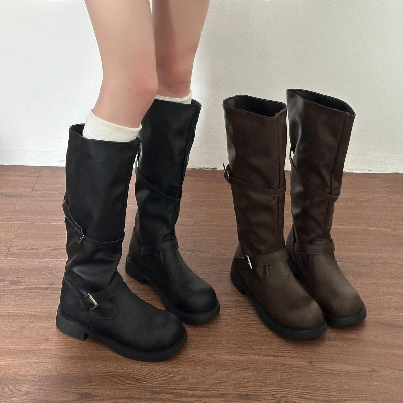 Vintage Buckle Strap Women Knee High Boots Concise Thick Heel Slip On Shoes Autumn Winter Ladies Knight Western Cowboy Booties