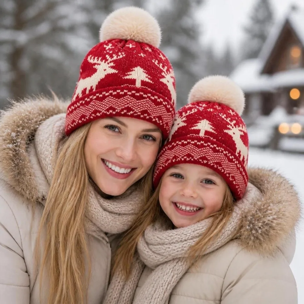 Winter Christmas Hat Red Green Color With Pompoms Cosplay Costume Hat Thickened Christmas Decoration Pompom Beanie Cap