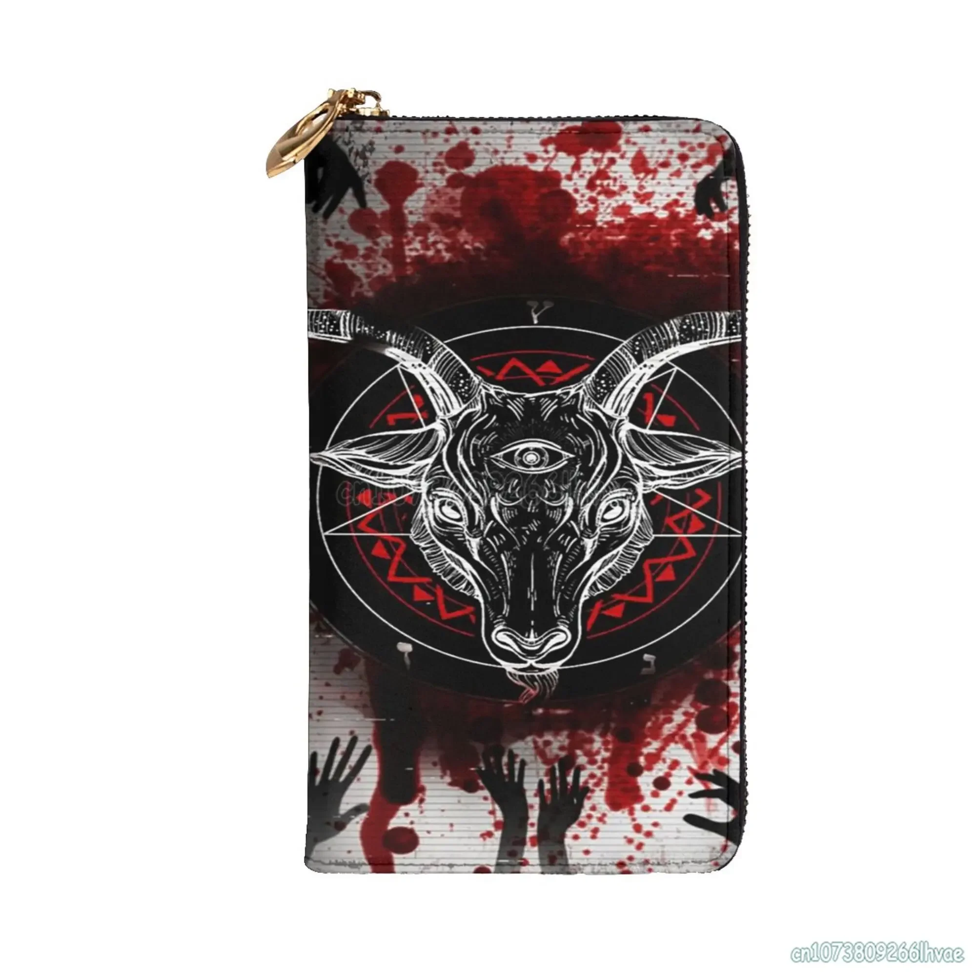 Pentagram with Demon Baphomet Satanic Goat Head Cowhide Leather Clutch Print Long Wallet Women Coin Purse Card Holder with Zip