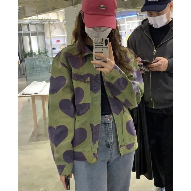 Luźna damska kurtka z zamkiem błyskawicznym, nadruk serca, modny styl koreański, jesień-zima, nowość, do pracy, długa, sweter...