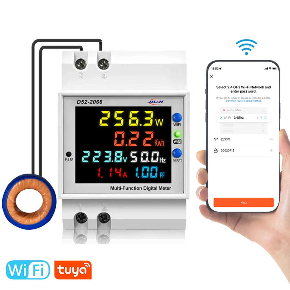 Tuya WiFi Home Smart Energy Meter DIN-Rail Voltage and Current Meter Multi-function Power Factor Frequency Metering Meters