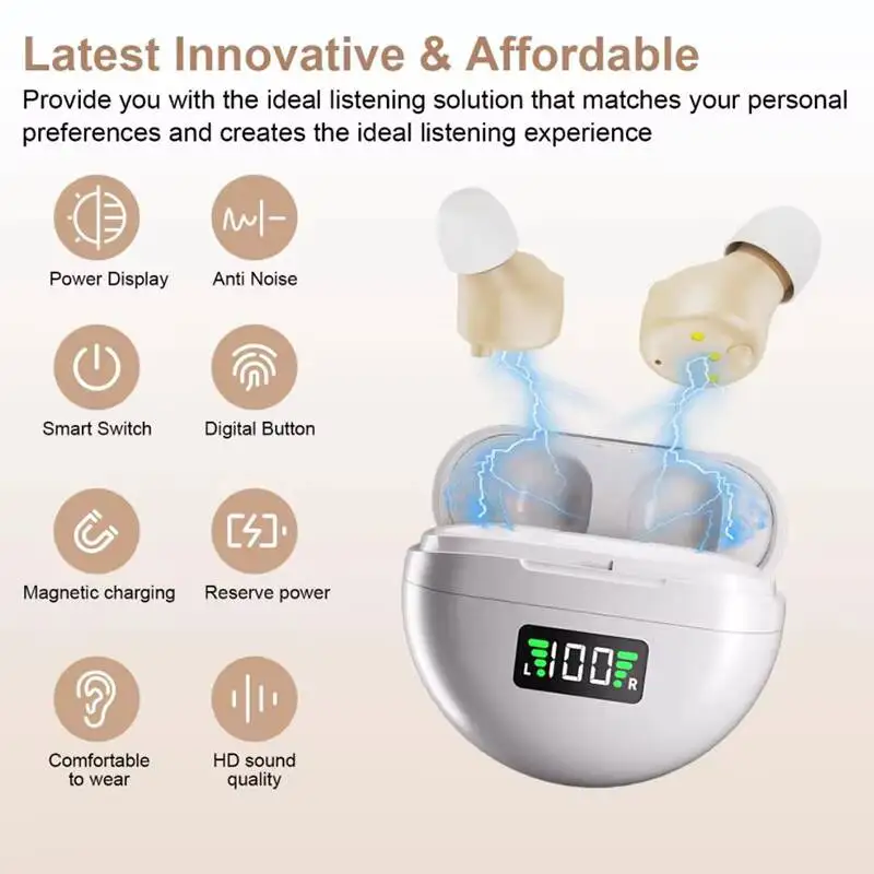 Mini auriculares invisibles con reducción de ruido, pantalla digital, carga magnética tipo C, amplificador de sonido cómodo para personas mayores, para chatear a diario