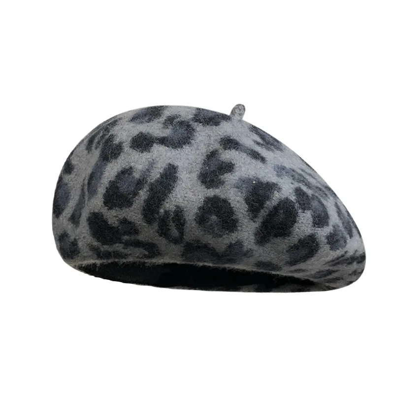 Autumn and Winter Leopard Print Wool Beret Women\'s Fashion Versatile American Retro British Literary and Warm Painter Hat
