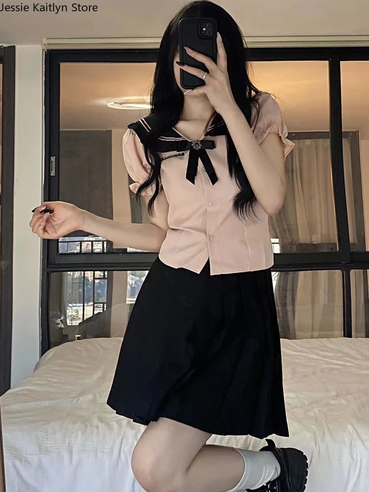 Japanese Kawaii Student Girl JK Uniform Korean Sweet Cute Cosplay Sailor Outfit Vintage Pink Shirt and Mini Pleated Skirt Sets