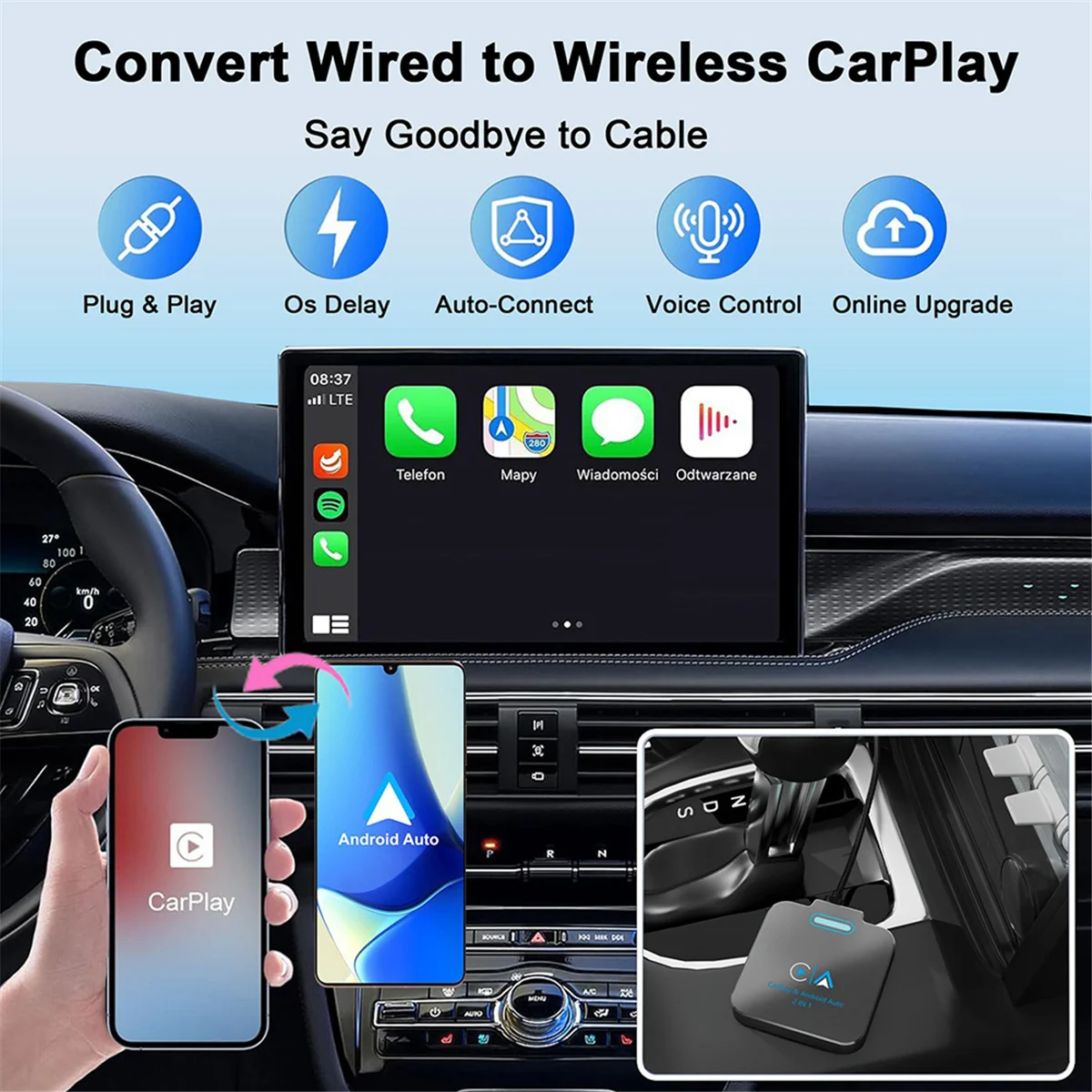 2-In-1 Carplay Android Auto Adapter Wireless Carplay Adapter Dongle Plug and Play for Volkswagen Toyota Peugeot Volvo