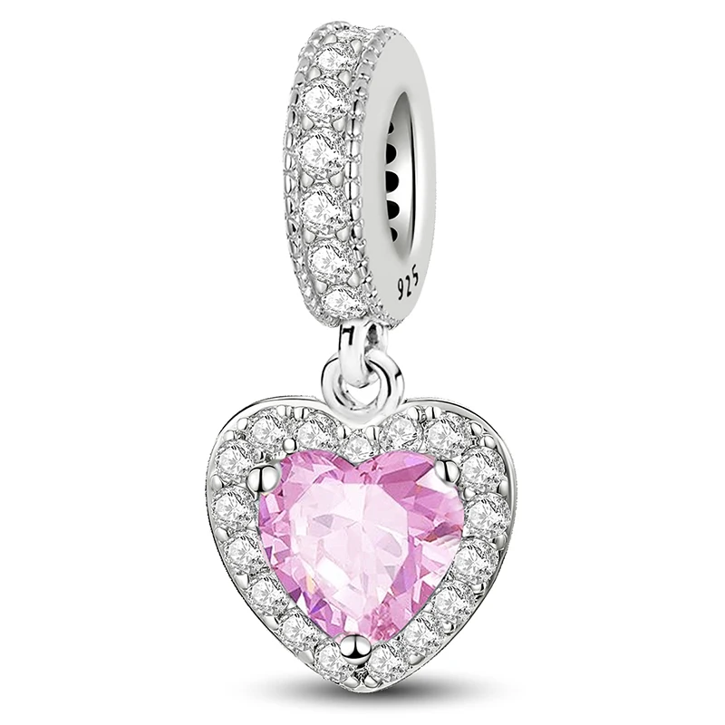 

925 Sterling Silver Zircon Pendants Pink Series Love Heart Charms Beads Fit Original Pan Bracelet Bangles DIY Jewelry For Women
