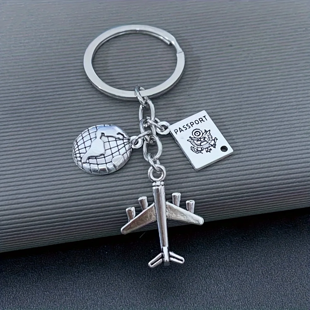 Europe and America Cross-Border Creative Aircraft Globe Travel Keychain Pendant Compass Camera Metal Key Ring Accessory