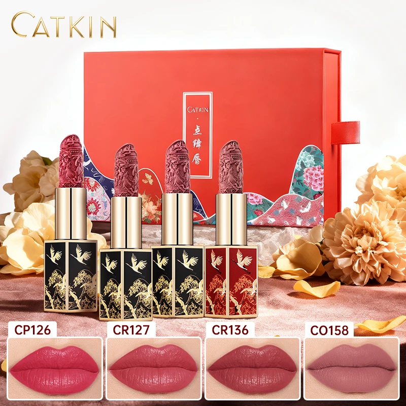مجموعة أحمر شفاه CATKIN Rouge Carving مكونة من 4 قطع + صندوق هدايا رائع، مرطب غير لامع يدوم طويلاً وخفيف الوزن وناعم