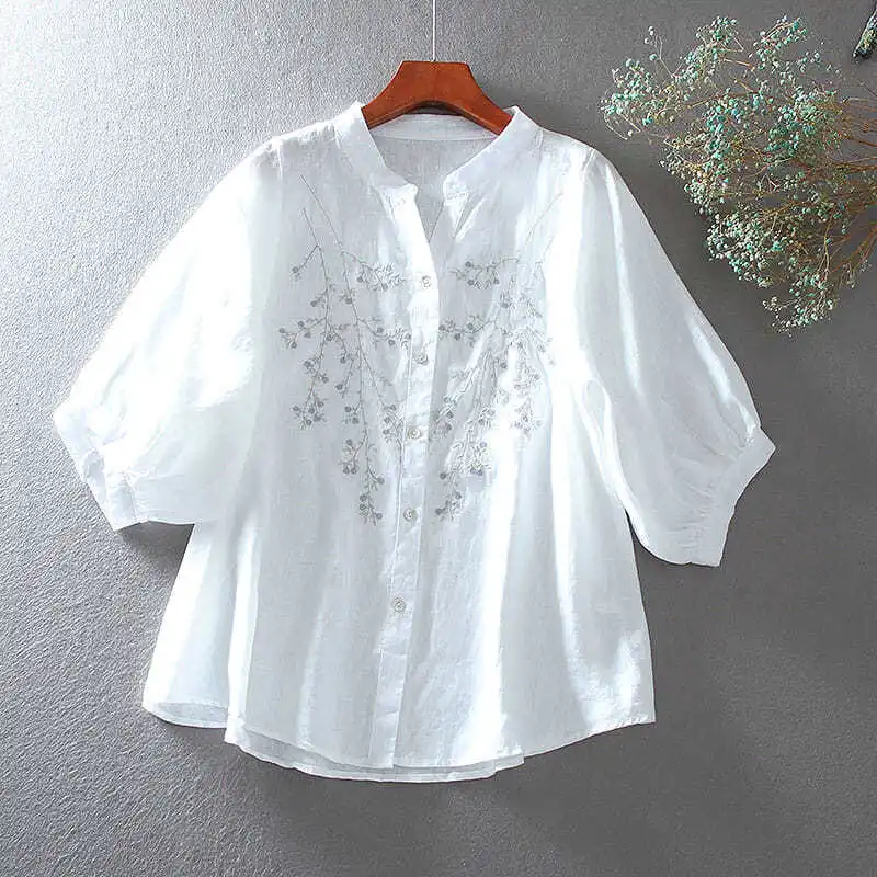 2023 New Summer Fashion Art Retro Standing Collar Heavy Industry Embroidery Commuter Simple Casual Loose Single Breasted Shirt