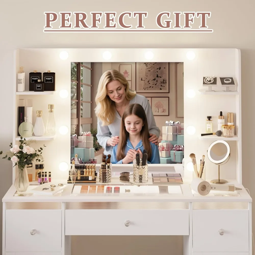 مكتب مكياج مع أضواء 3 ألوان، مكتب زجاجي علوي مع 7 أدراج مضاءة، 4 أرفف، مخرج طاقة، مكتب مكياج مع مرآة
