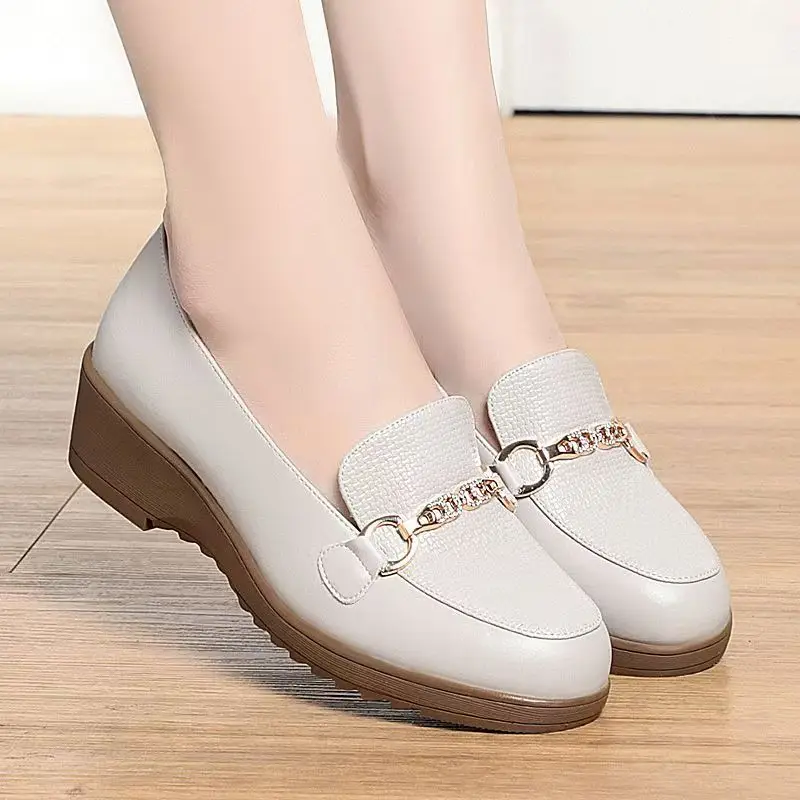 

Women Genuine Leather Wedges Nude Shoes Spring Autumn New Thick Sole Round Toe Non Slip Shallow Slip On Work Shoes Commuter Shoe