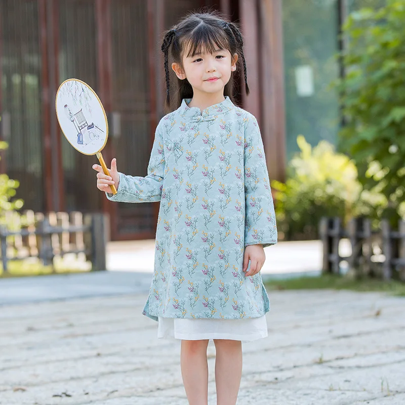 

Autunm Girls Cotton Qipao Long Sleeve Children Print Chinese Lovely Party Dress Kids Vintage Mandarin Collar Cheongsam