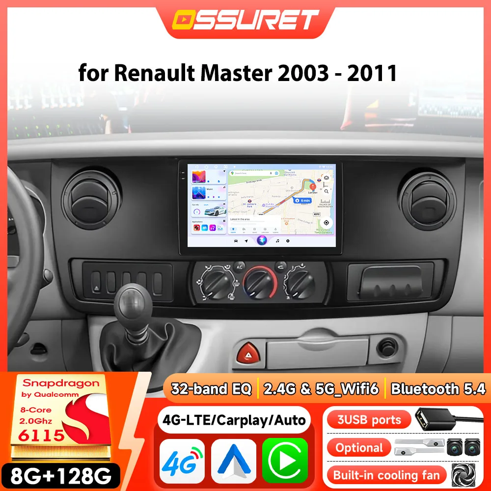 Android Auto-Multimediaplayer für RENAULT MASTER 2003-2011 Kabelloses Carplay Auto WIFI DSP 2din Intelligentes Autoradio GPS-Bildschirm