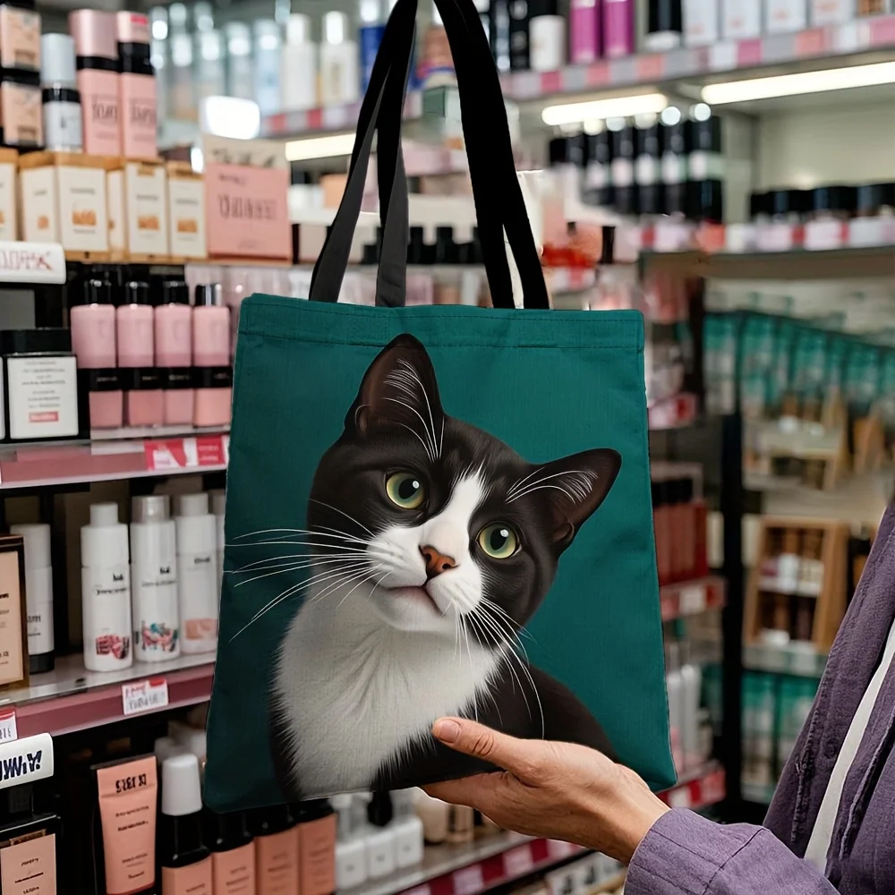 حقيبة حمل قطط سهرة ذات سعة كبيرة قطعة واحدة - حقيبة كتف متينة قابلة لإعادة الاستخدام مع تصميم قطة مخطط باللونين الأبيض والأسود وخلفية أزرق مخضر #2