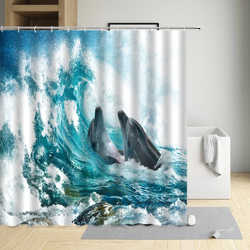 Dolphin Shower Curtain Marine Life Palm Tree Blue Sky Baiyun Seagull Rock Sea Turtle Coral Wave Cloth Bathroom Decor Bath Screen