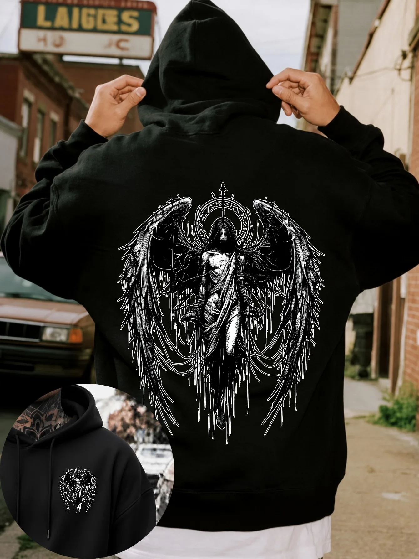 Men's Halloween Gothic Angel Wings Graphic Pullover Hoodie Streetwear Fall Winter Large Back Print Front Chest Detail
