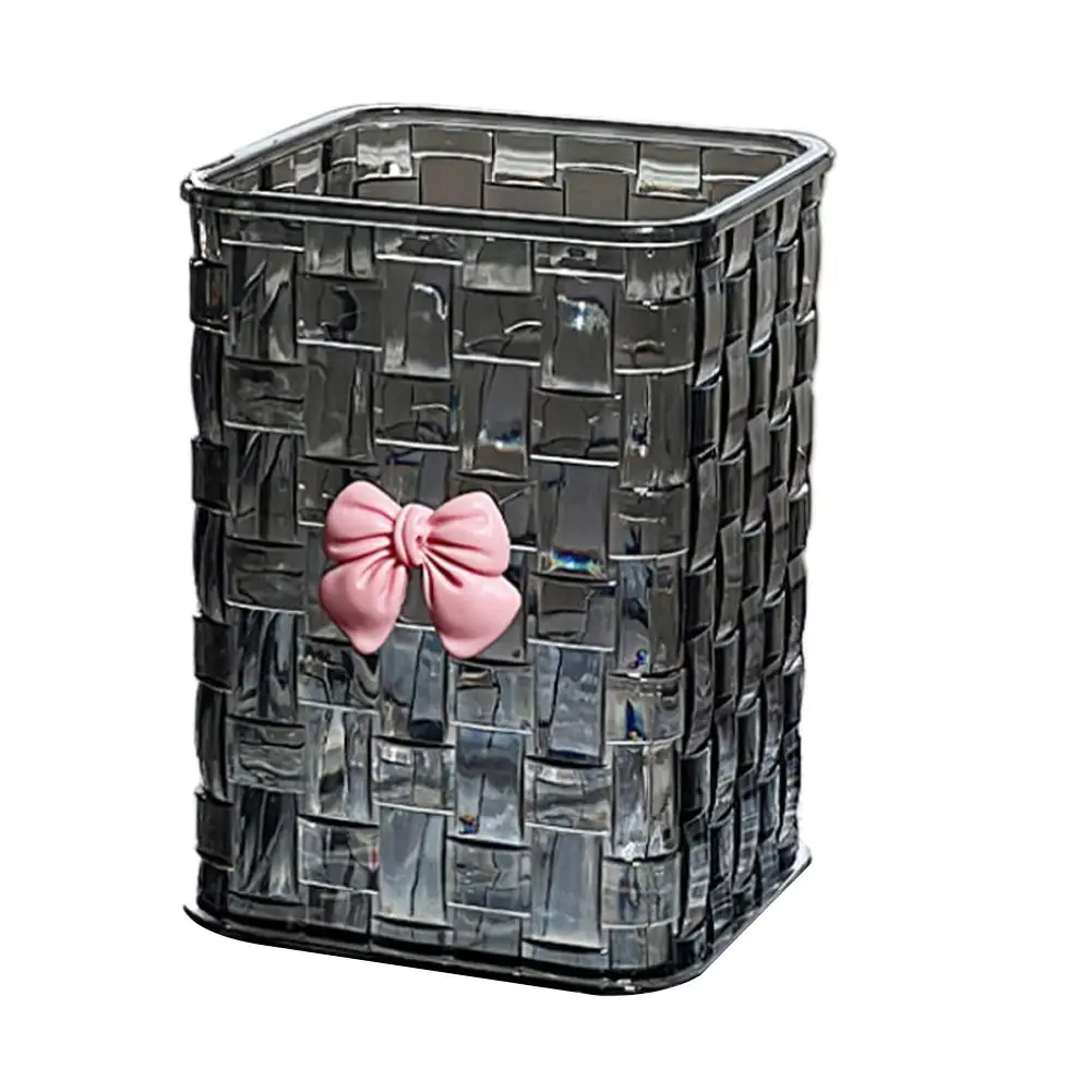 Clear Makeup Brush Organizer with Bow Decor Braided Texture Cosmetic Storage Box for Brushes Pen Holder Storage Basket
