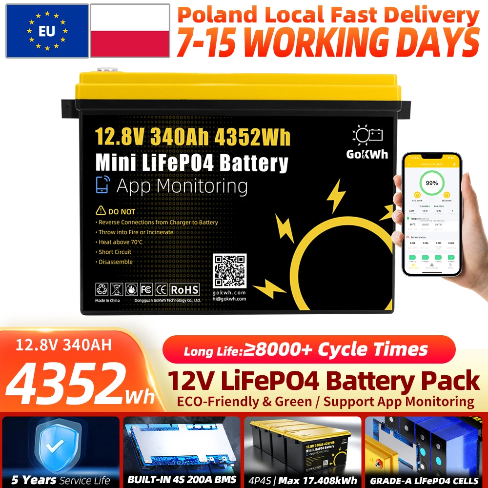 APP-Überwachung Lifepo4 12V 340Ah Batterie 8000 Zyklen Klasse A Lithium-Eisenphosphat-Zelle Eingebautes 4S 200A BMS Mini-Format Wiederaufladbare LFP-Batterien DIY 12V 24V Für Motoren