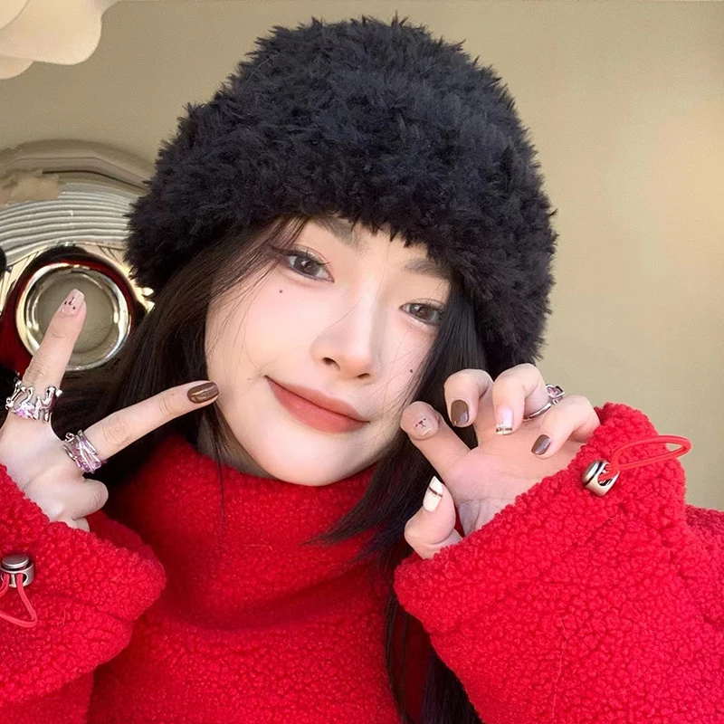 Winter Knitted Beanie Caps Korean Furry Thicken Warm Outdoor Ear Protection Cold-Proof Bonnet Solid Casual Cover Head Cap